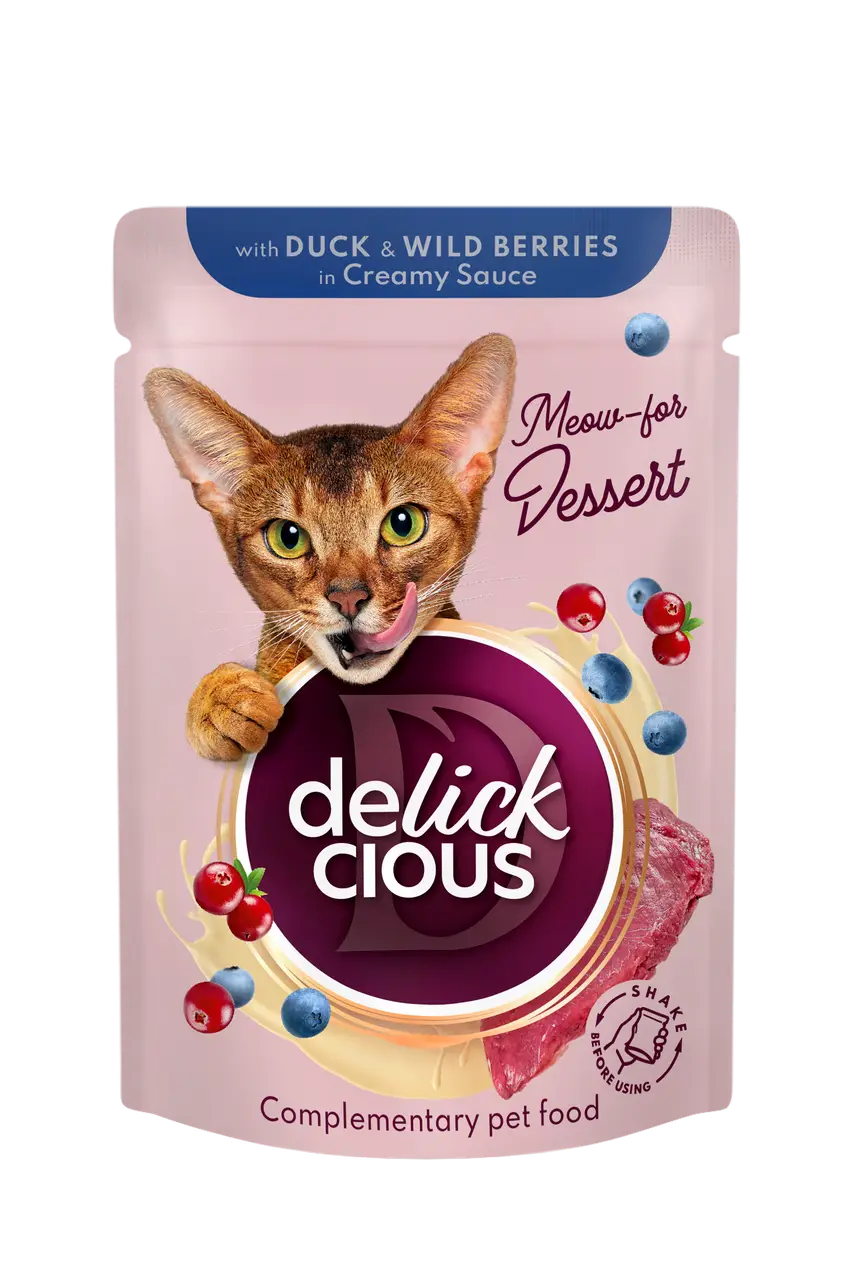 Delickcious паучі для котів 85г*12шт (пластівці з качкою та лісовими ягодами у вершковому соусі)1